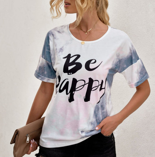 "Be Happy" tie dye crew neck womens tee